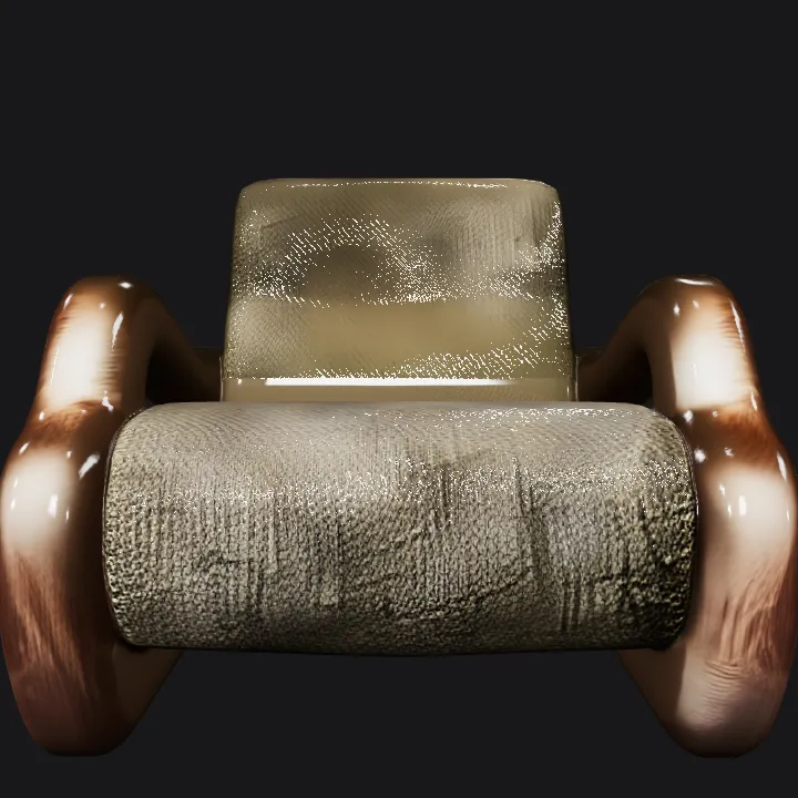 modern sculptural armchair with plush seat. smooth edges, complex geometry.