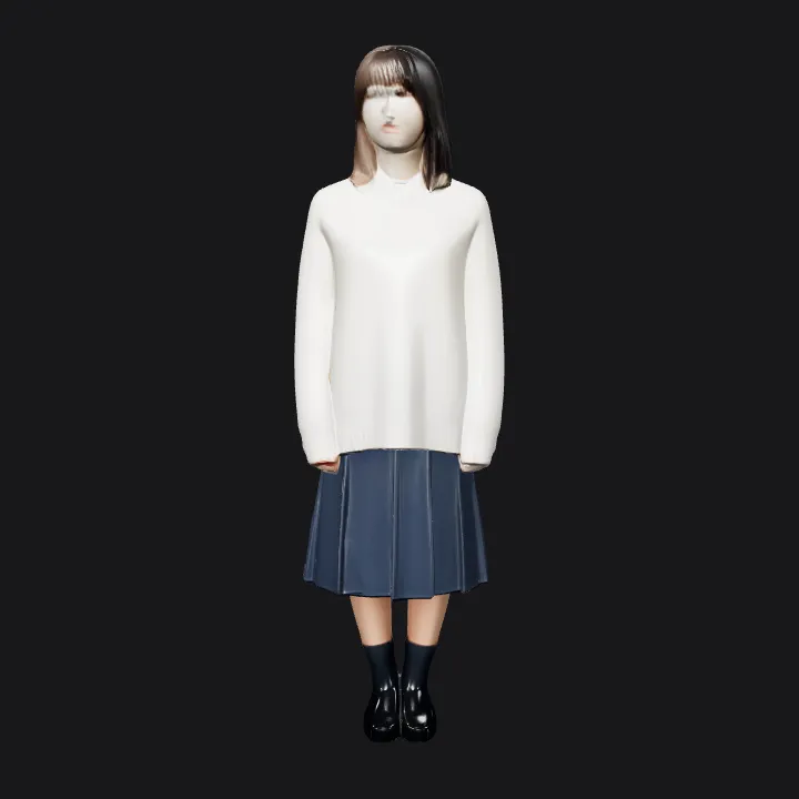 Person standing indoors near a chair. smooth edges, complex geometry, character.