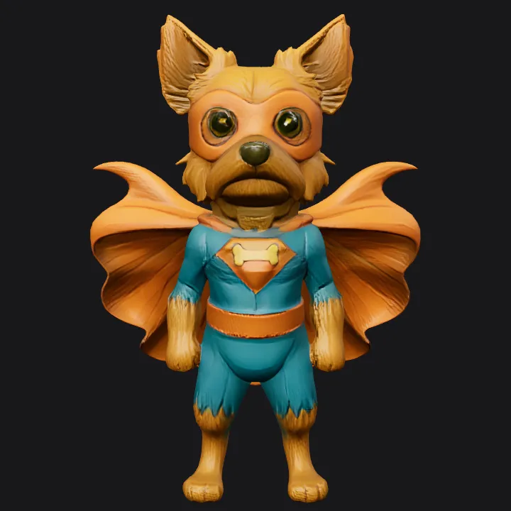Superhero dog character in costume. smooth edges, complex geometry, character, symmetric geometry.