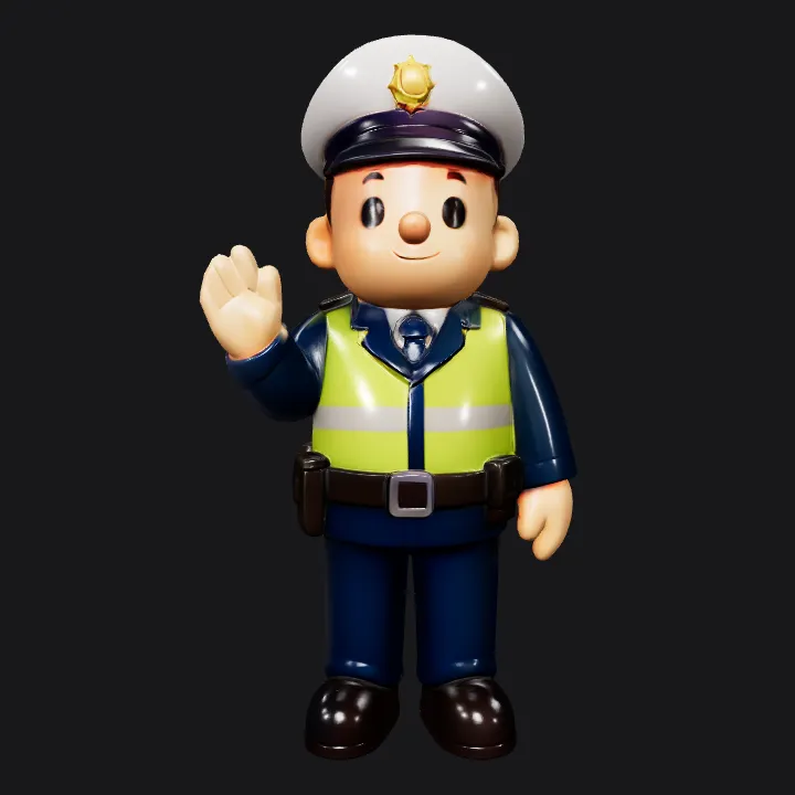 cartoon police officer figure. smooth edges, simple geometry, character.