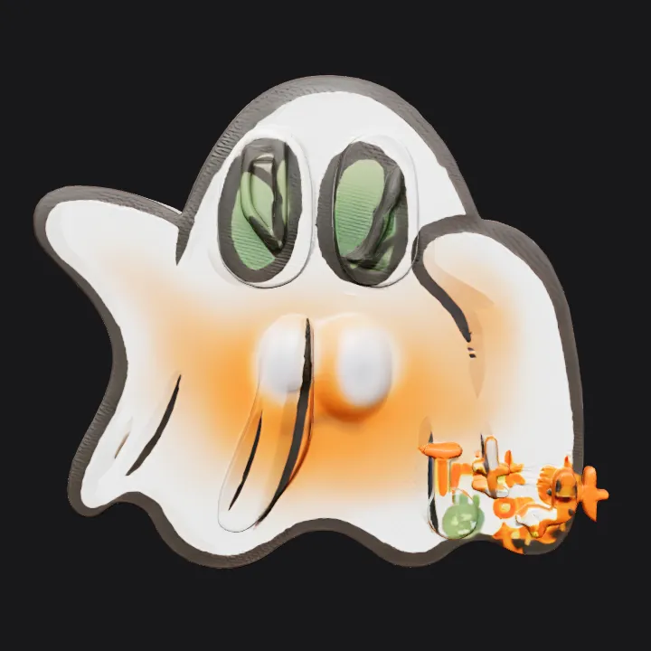 Cartoon ghost with 'Trick or treat' sign. smooth edges, simple geometry, character.