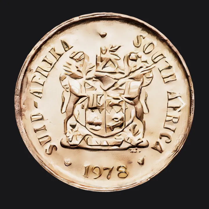 South African coin with coat of arms. smooth edges, simple geometry, symmetric geometry.