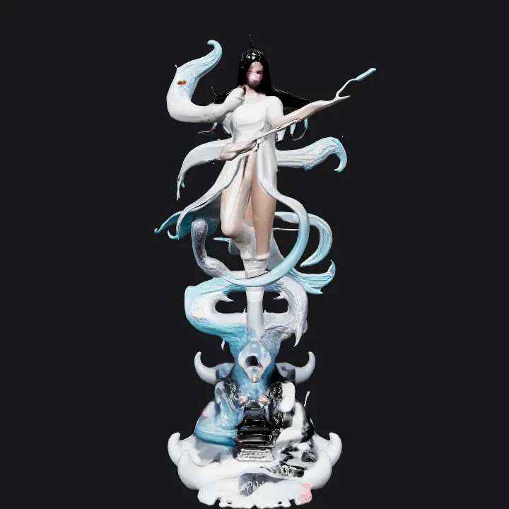 Fantasy character with flowing robes and water dragons. complex geometry, smooth edges, character.
