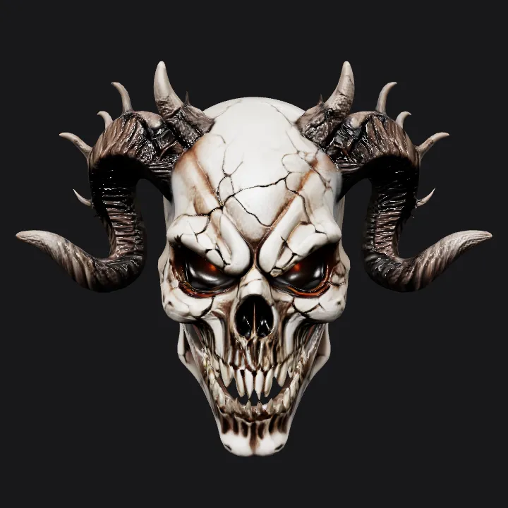 Demonic skull with horns and glowing eyes. sharp edges, complex geometry, game-ready, character, symmetric geometry.