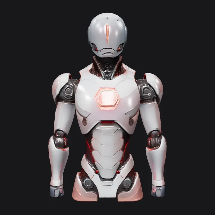 Futuristic humanoid robot with glowing chest. smooth edges, sharp edges, complex geometry, game-ready, character, symmetric geometry.
