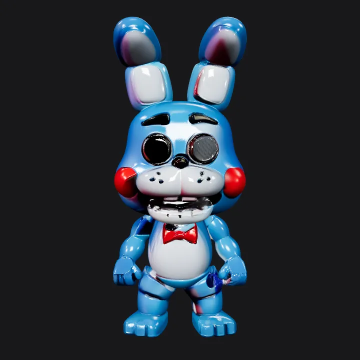 Blue animatronic bunny character with bow tie. simple geometry, game-ready, character, symmetric geometry.
