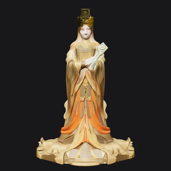 royal figure holding a scepter. complex geometry, smooth edges, character, symmetric geometry.