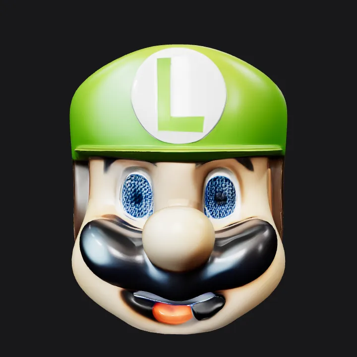 Luigi character head toy or model. smooth edges, simple geometry, character, symmetric geometry.