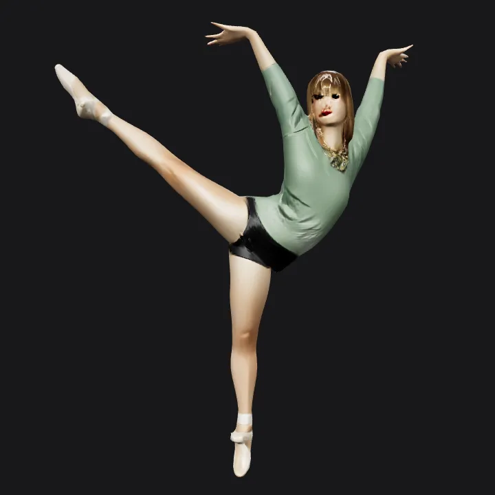 Ballet dancer performing high leg extension. smooth edges, complex geometry, character.