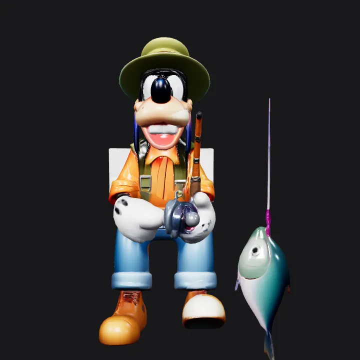 cartoon dog character fishing. complex geometry, smooth edges, character.