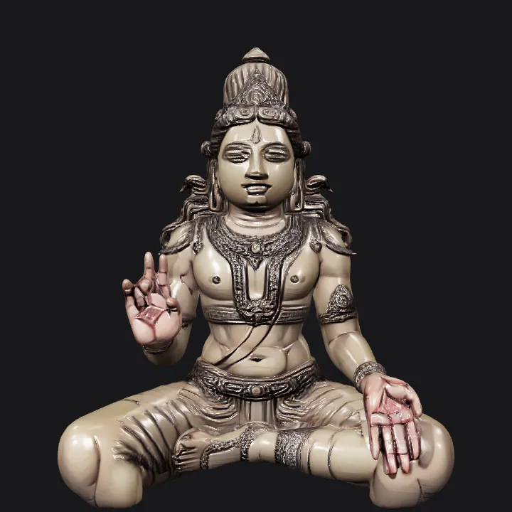 Seated Hindu deity sculpture adorned with ornaments. complex geometry, sharp edges, character, symmetric geometry.
