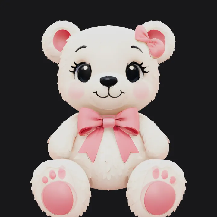 Cute plush teddy bear with pink bows. smooth edges, simple geometry, game-ready, character, symmetric geometry.