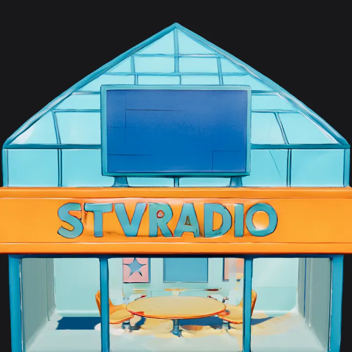 Modern glass-walled radio station building. sharp edges, complex geometry, symmetric geometry.