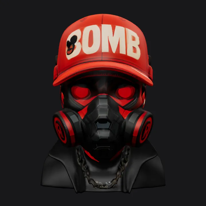 Person wearing futuristic mask and goggles. sharp edges, complex geometry, character, symmetric geometry.