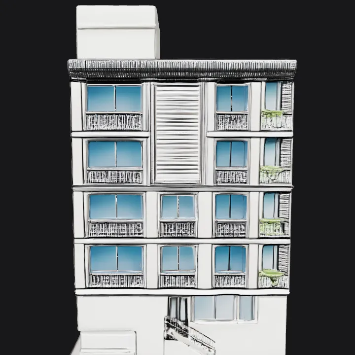 Front elevation of a residential building. sharp edges, complex geometry, symmetric geometry.