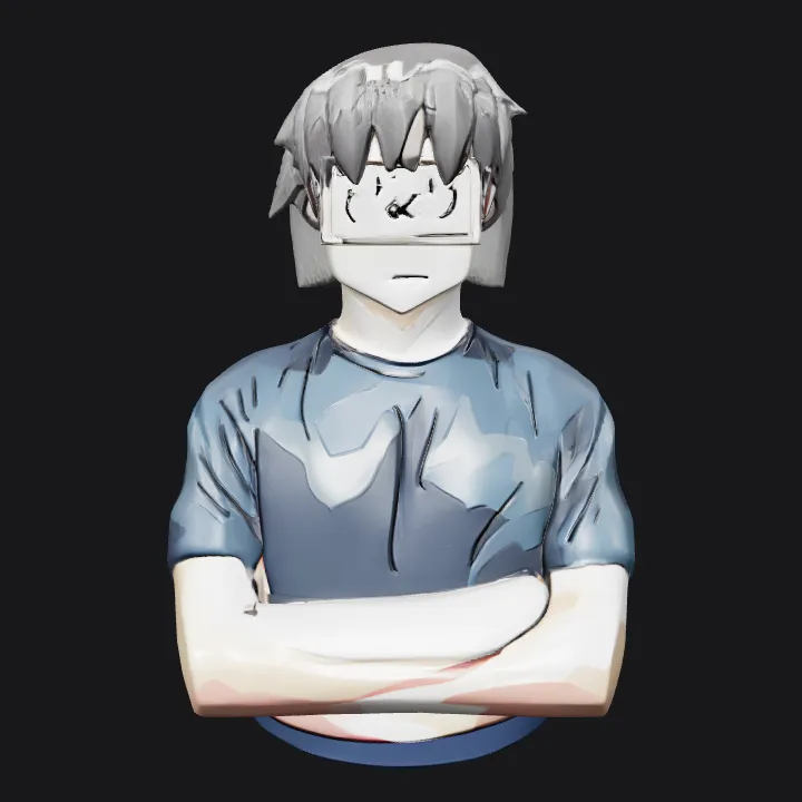 A person with crossed arms on blue background. smooth edges, simple geometry, character.