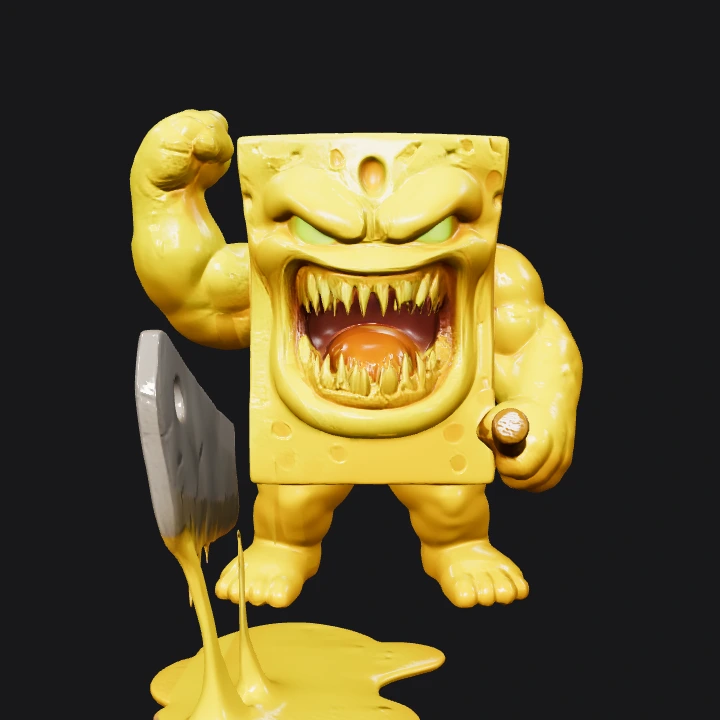 angry cheese monster holding a cleaver. complex geometry, sharp edges, character.