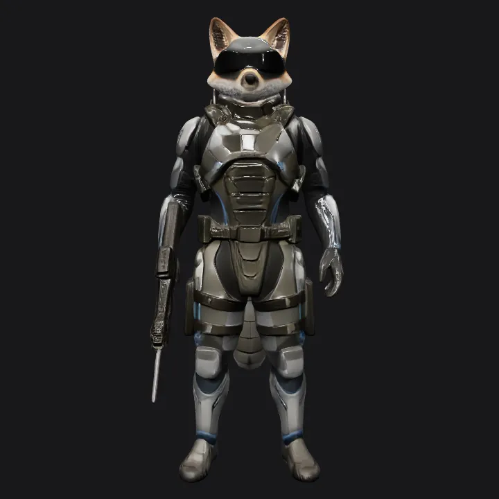 Anthropomorphic fox in futuristic armor. sharp edges, complex geometry, game-ready, character, symmetric geometry.