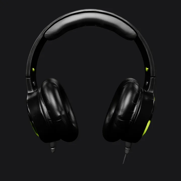 Over-ear gaming headphones with green accents. smooth edges, complex geometry, game-ready, symmetric geometry.