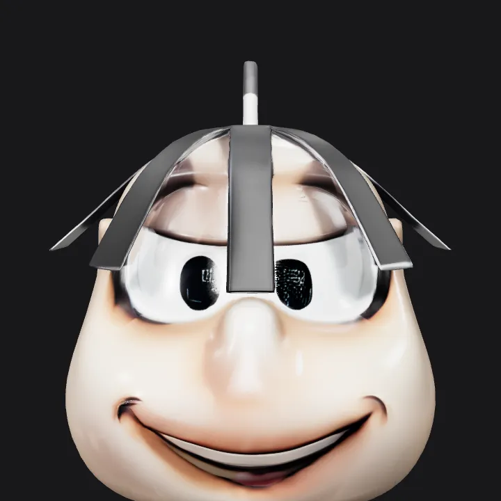 round cartoon head with black hair strips. smooth edges, simple geometry, character, symmetric geometry.