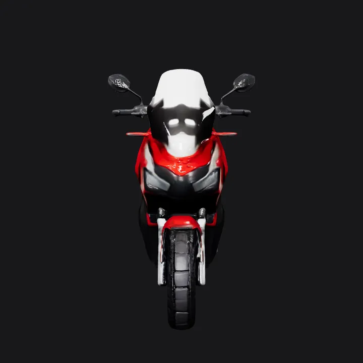 Rear view of an adventure motorcycle. sharp edges, complex geometry, symmetric geometry.