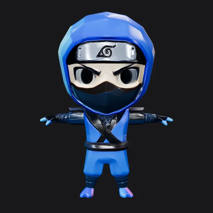 Cartoon ninja character in blue costume. sharp edges, smooth edges, simple geometry, game-ready, character, symmetric geometry.