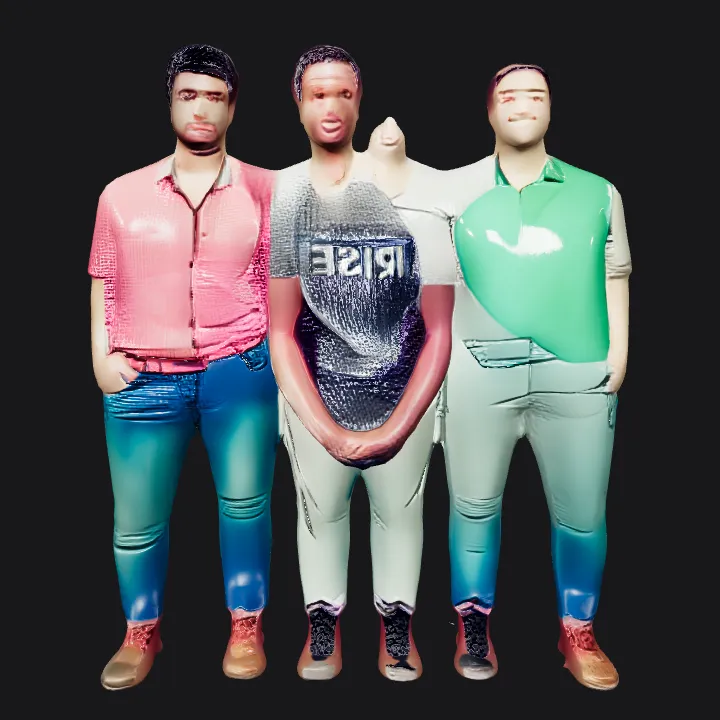 A group of five people standing together. complex geometry, character.