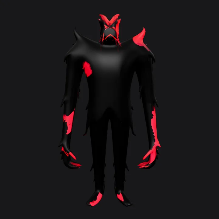Tall, shadowy humanoid monster figure. sharp edges, complex geometry, game-ready, character, symmetric geometry.