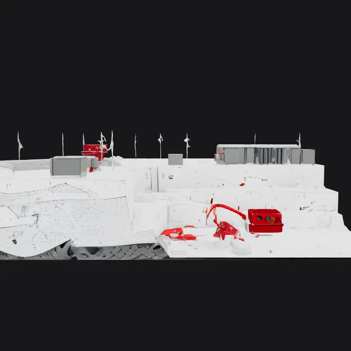 Mountain rescue scene with trucks and equipment. sharp edges, complex geometry.