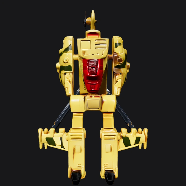 Yellow robot toy, standing upright. sharp edges, simple geometry, character, symmetric geometry.