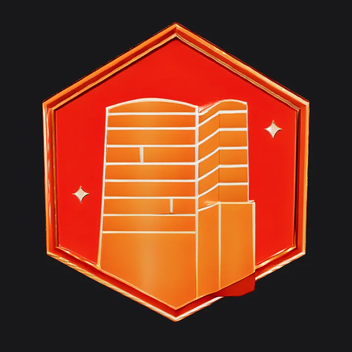 Modern office building in hexagon badge. sharp edges, simple geometry, game-ready.