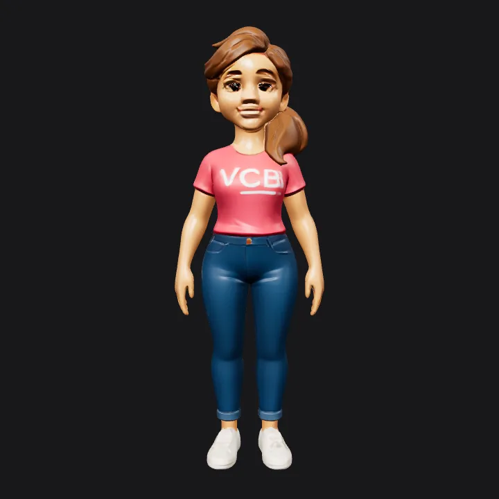 Cartoon woman standing, top-down view. smooth edges, complex geometry, game-ready, character.