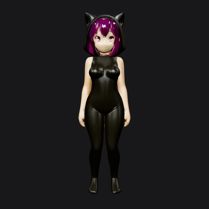 Anime girl in black cat costume. smooth edges, complex geometry, game-ready, character, symmetric geometry.