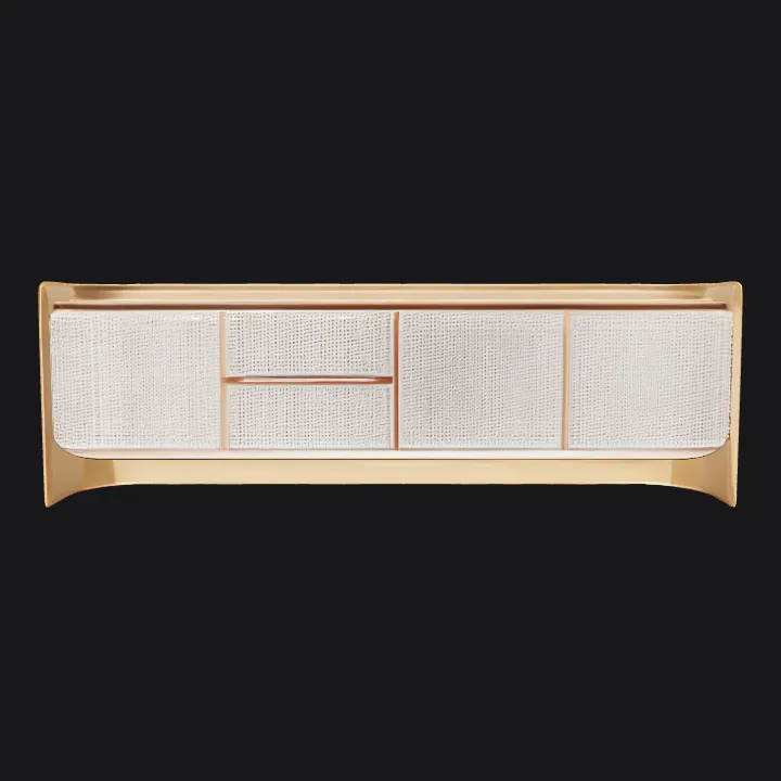 Modern wooden TV console with woven doors. smooth edges, simple geometry, symmetric geometry.