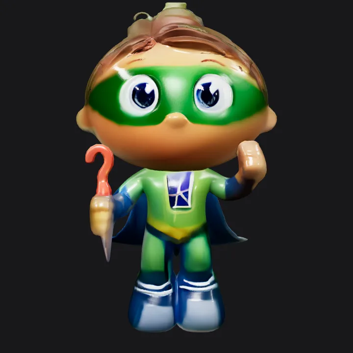 Cartoon superhero child holding question mark. smooth edges, complex geometry, game-ready, character.