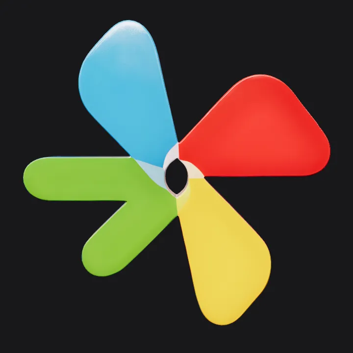Colorful pinwheel logo with four blades. smooth edges, simple geometry.