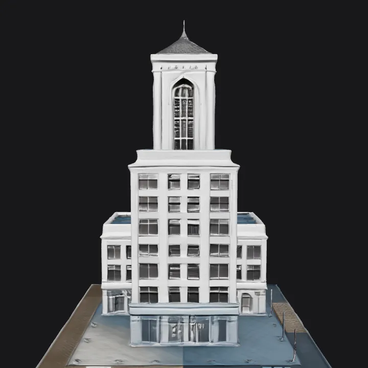 A multi-story office building with clock tower. sharp edges, complex geometry, game-ready, symmetric geometry.