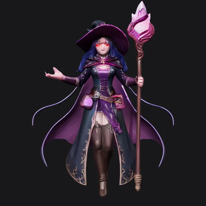 female mage in fantasy attire with staff. complex geometry, sharp edges, character.