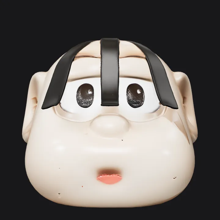 Cartoonish head with long black hair. smooth edges, simple geometry, character.