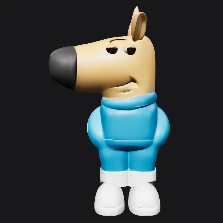 Cartoon dog character in blue outfit. smooth edges, simple geometry, character.