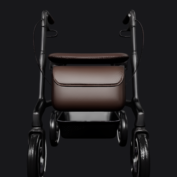 modern mobility walker with seat and storage. smooth edges, simple geometry, symmetric geometry.
