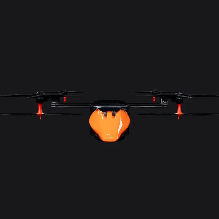 Large drone carrying a cargo container. sharp edges, complex geometry, game-ready, symmetric geometry.