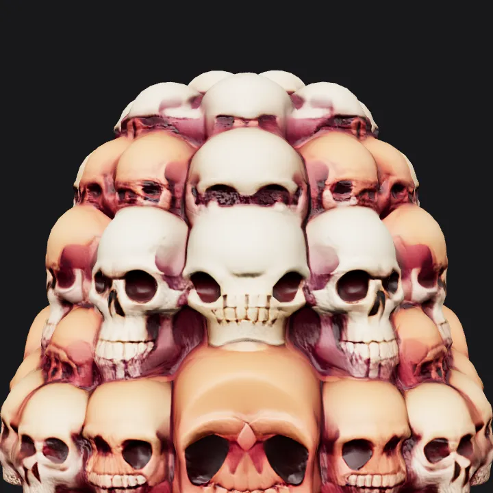 Pile of human skulls stacked together. smooth edges, complex geometry.