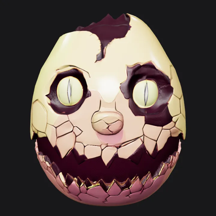 Cracked monster egg with glowing eyes. sharp edges, complex geometry, character.