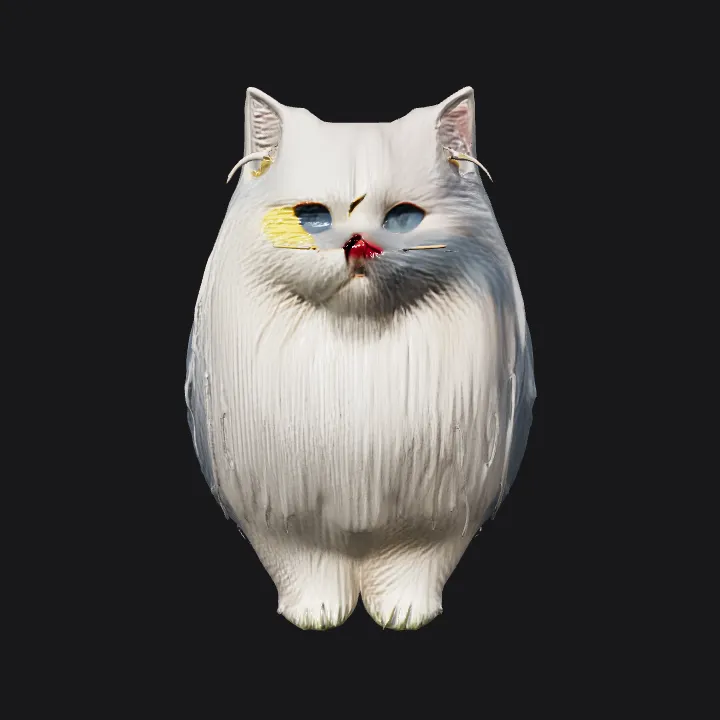 Fluffy white cat with butterfly on nose. smooth edges, complex geometry, character.