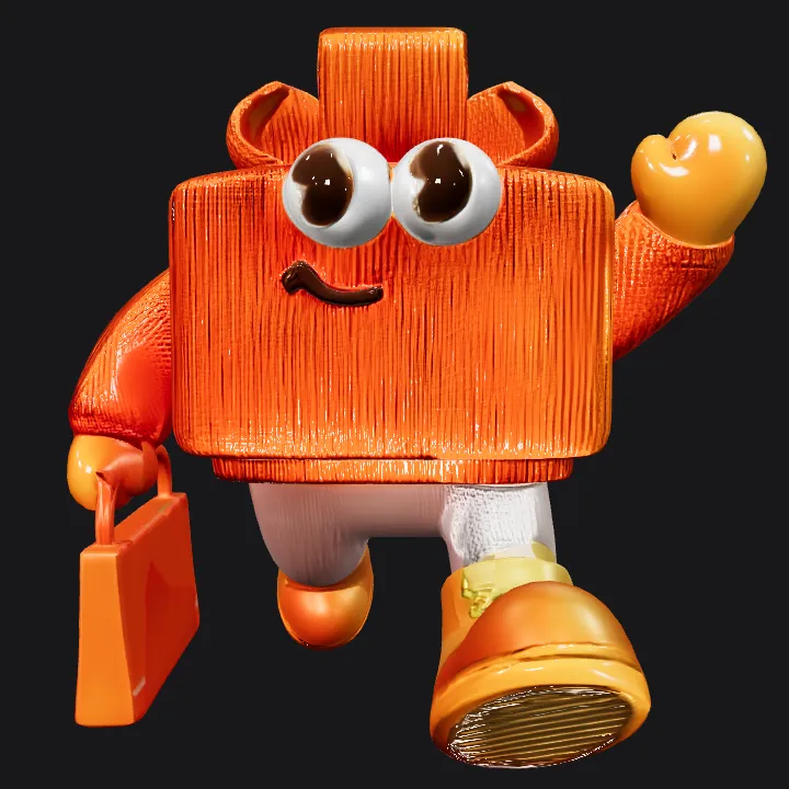 Cartoon orange character with shopping bag. smooth edges, complex geometry, game-ready, character.
