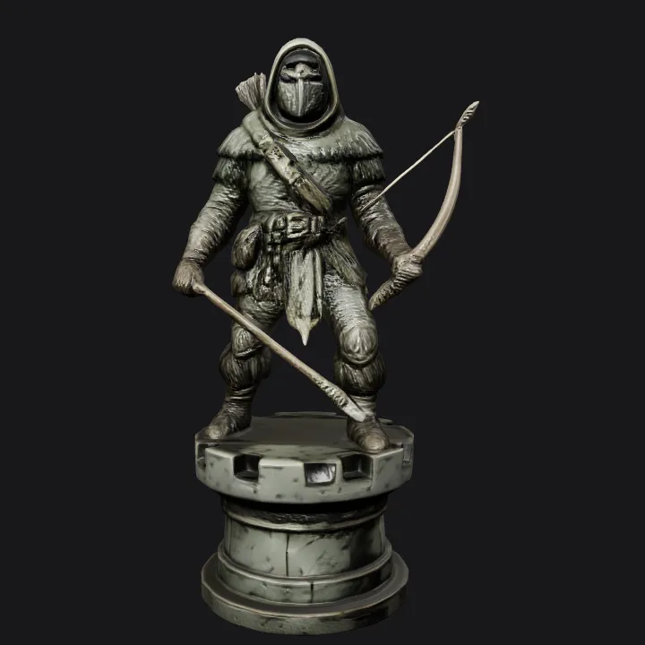 Hooded archer standing on a pedestal. sharp edges, complex geometry, game-ready, character.