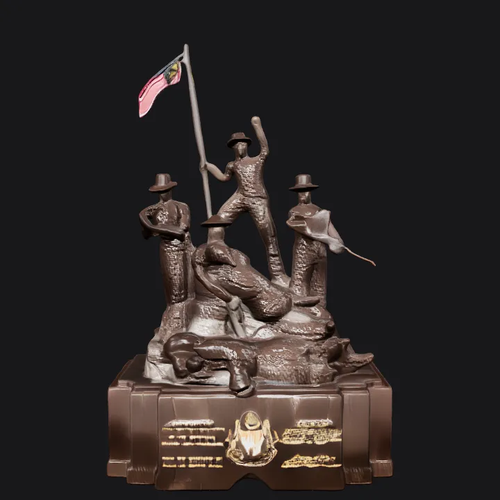 Malaysian war memorial statue with flag. complex geometry, sharp edges, character.