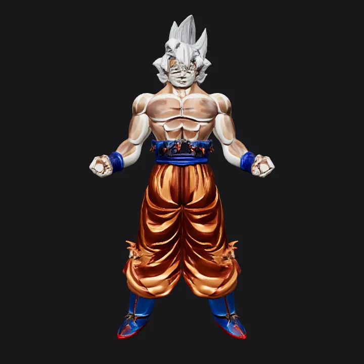 Muscular anime warrior in orange pants. sharp edges, complex geometry, game-ready, character.