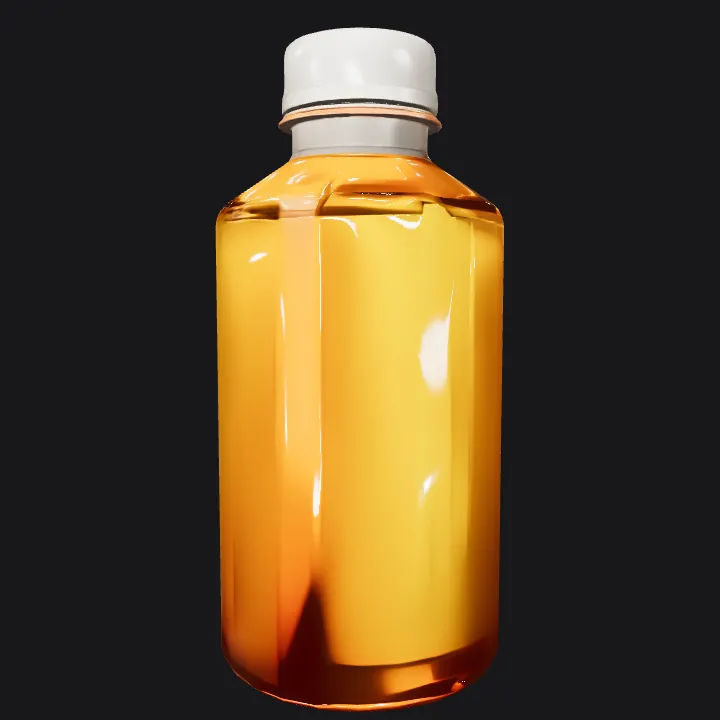 Plastic bottle with orange liquid. smooth edges, simple geometry, symmetric geometry.
